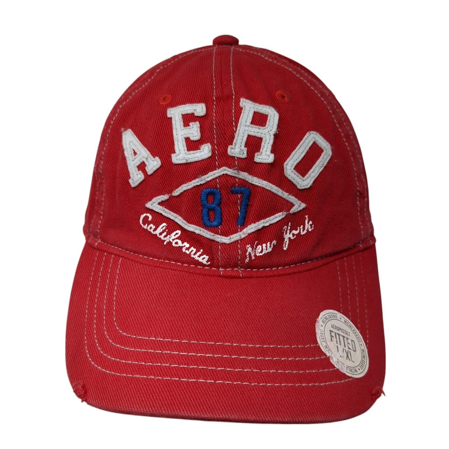 Aero 87 California New York Fitted Hat Red L/XL Nu-Fit Distressed 6 Panel