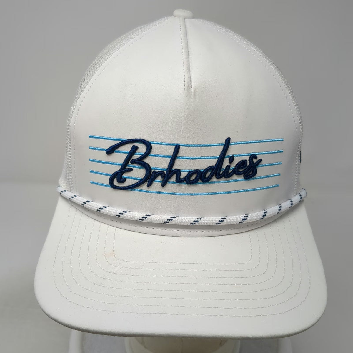 Brhodies White Trucker Hat One Size Mesh Back Snapback Rope 76 Shaka Logo Surf