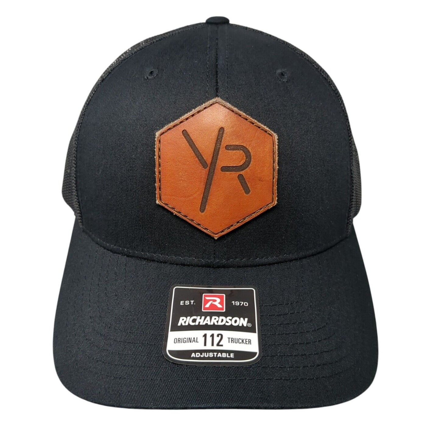 Richardson Snapback Mesh Back Trucker Hat Black One Size Leather Patch