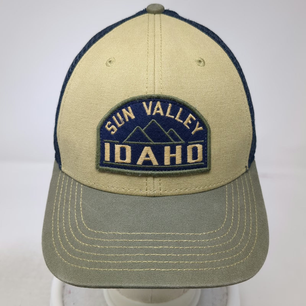 Legacy Sun Valley Idaho Mountain Patch Trucker Hat Beige Blue Gray One Size
