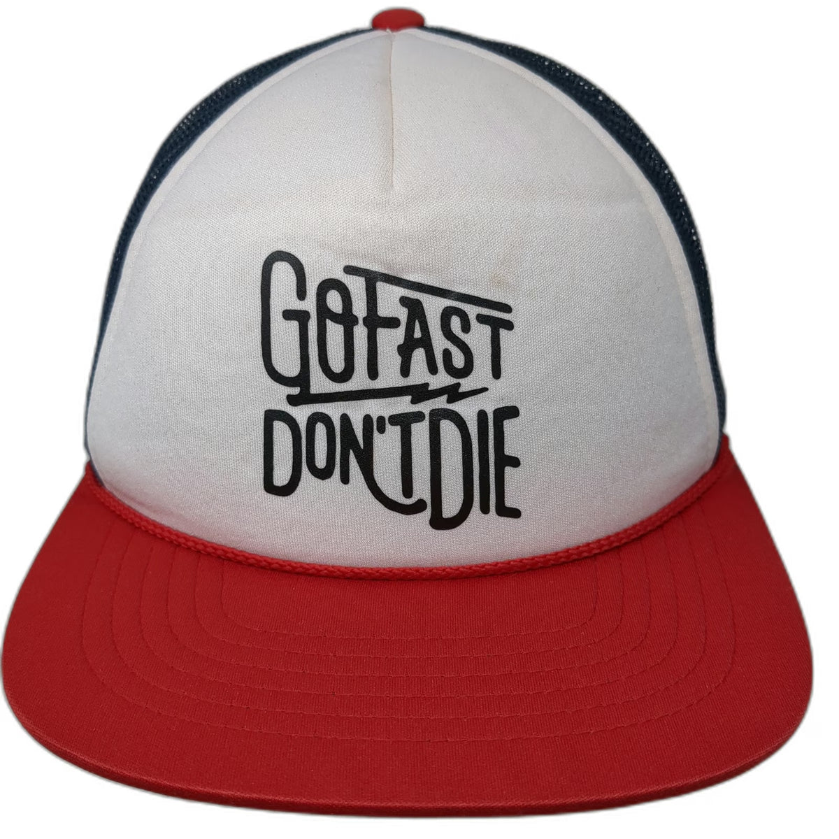 Richardson 113 Trucker Hat White Blue Red One Size Go Fast Don't Die Rope Mesh