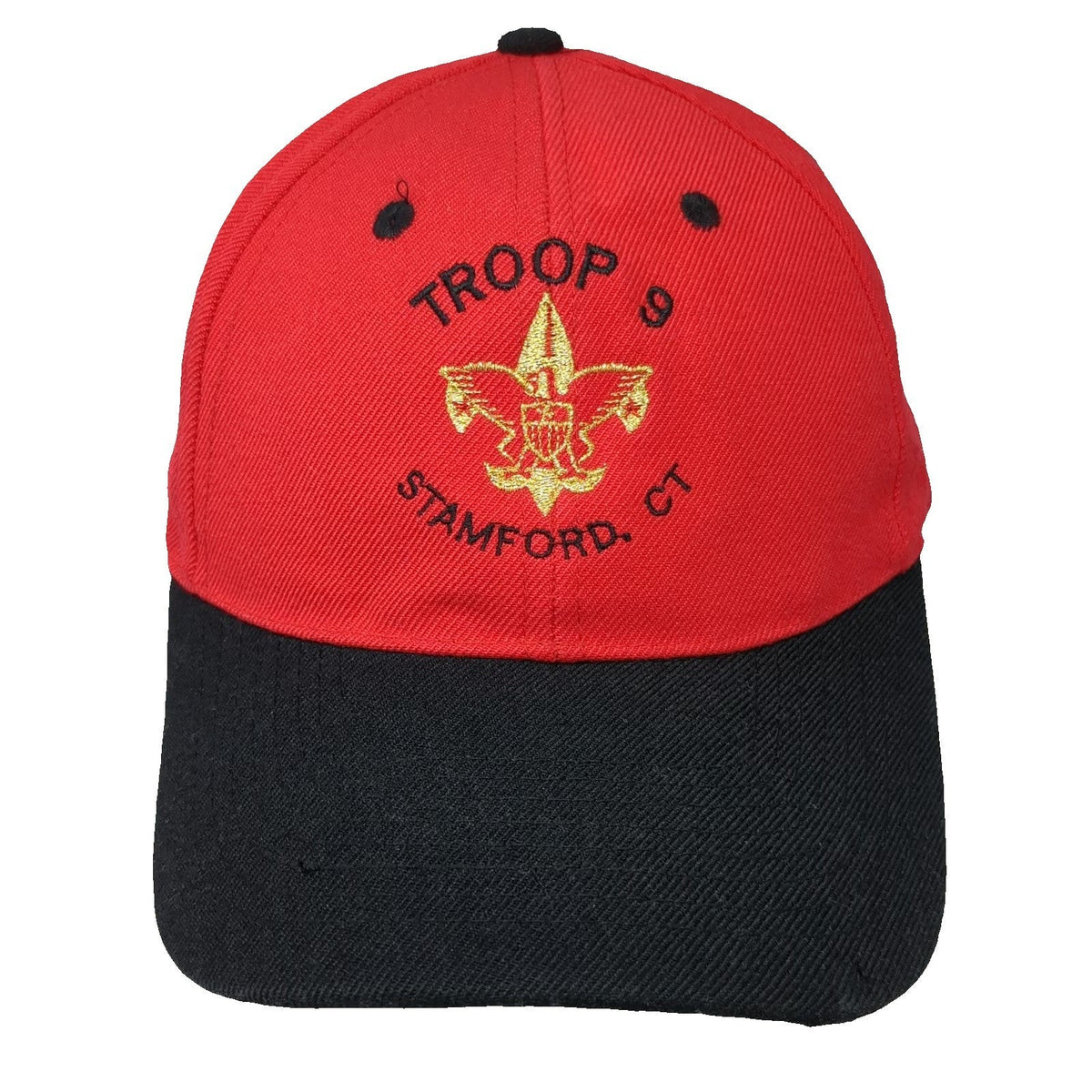 Red Baseball Cap OSFM Boy Scouts Troop 9 Stamford CT Strapback Logo Black Hat