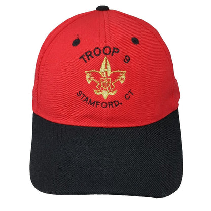 Red Baseball Cap OSFM Boy Scouts Troop 9 Stamford CT Strapback Logo Black Hat