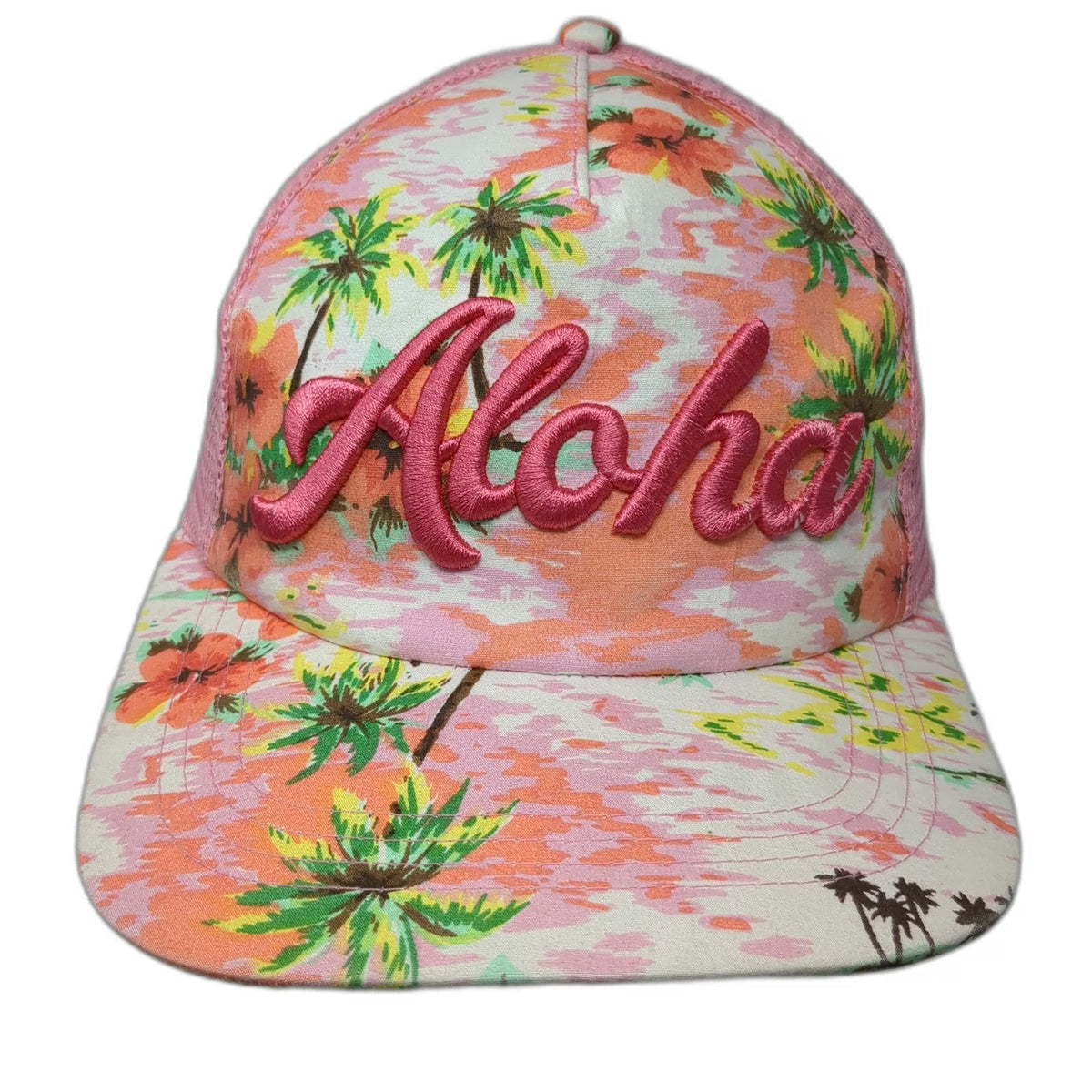 Pink Aloha Trucker Hat One Size Tropical Palm Tree Hibiscus Flower Mesh Snapback