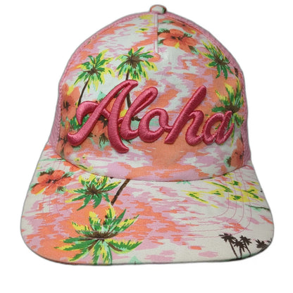Pink Aloha Trucker Hat One Size Tropical Palm Tree Hibiscus Flower Mesh Snapback