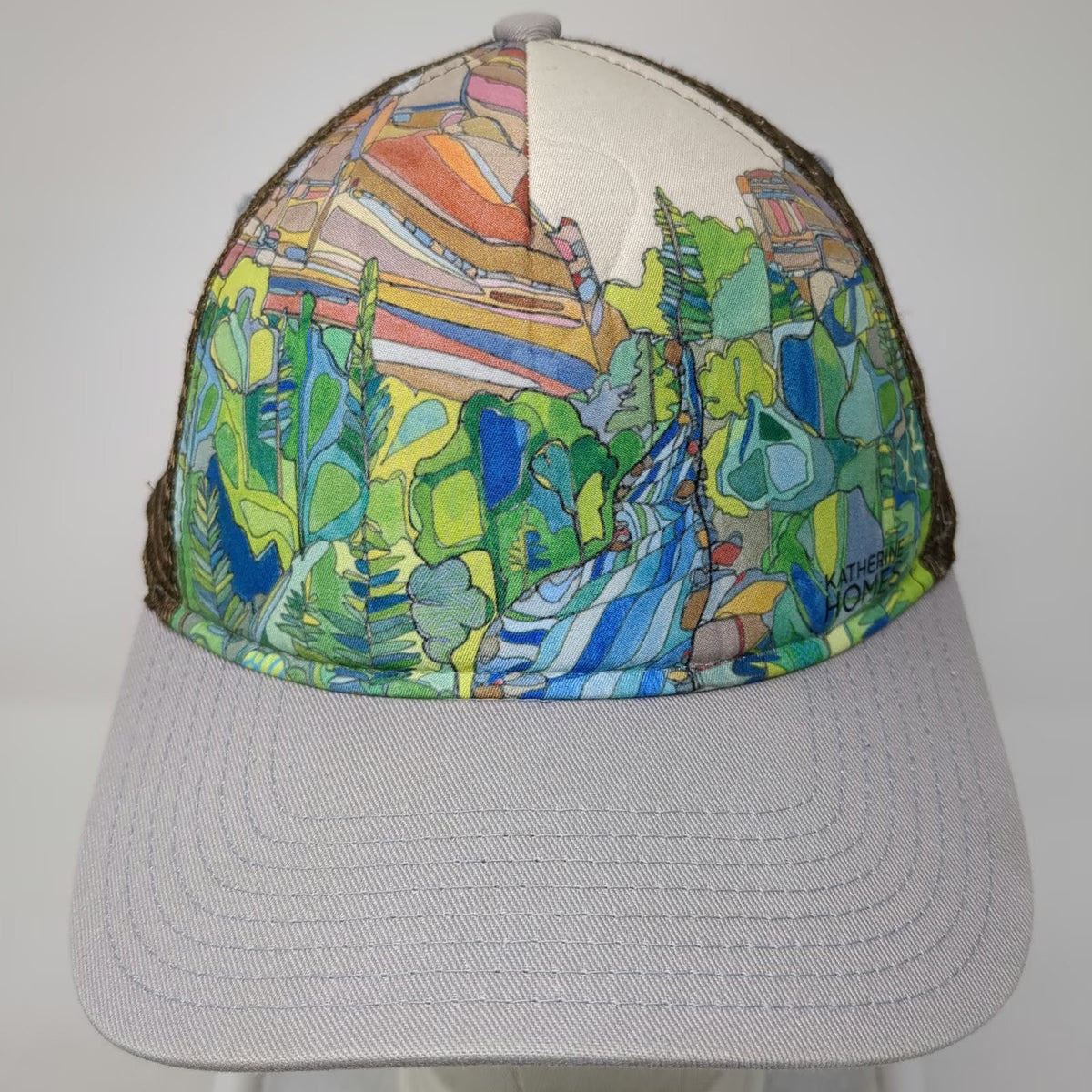 Katherine Homes Trucker Hat Gray Brown One Size Landscape Waterfall Art Hat