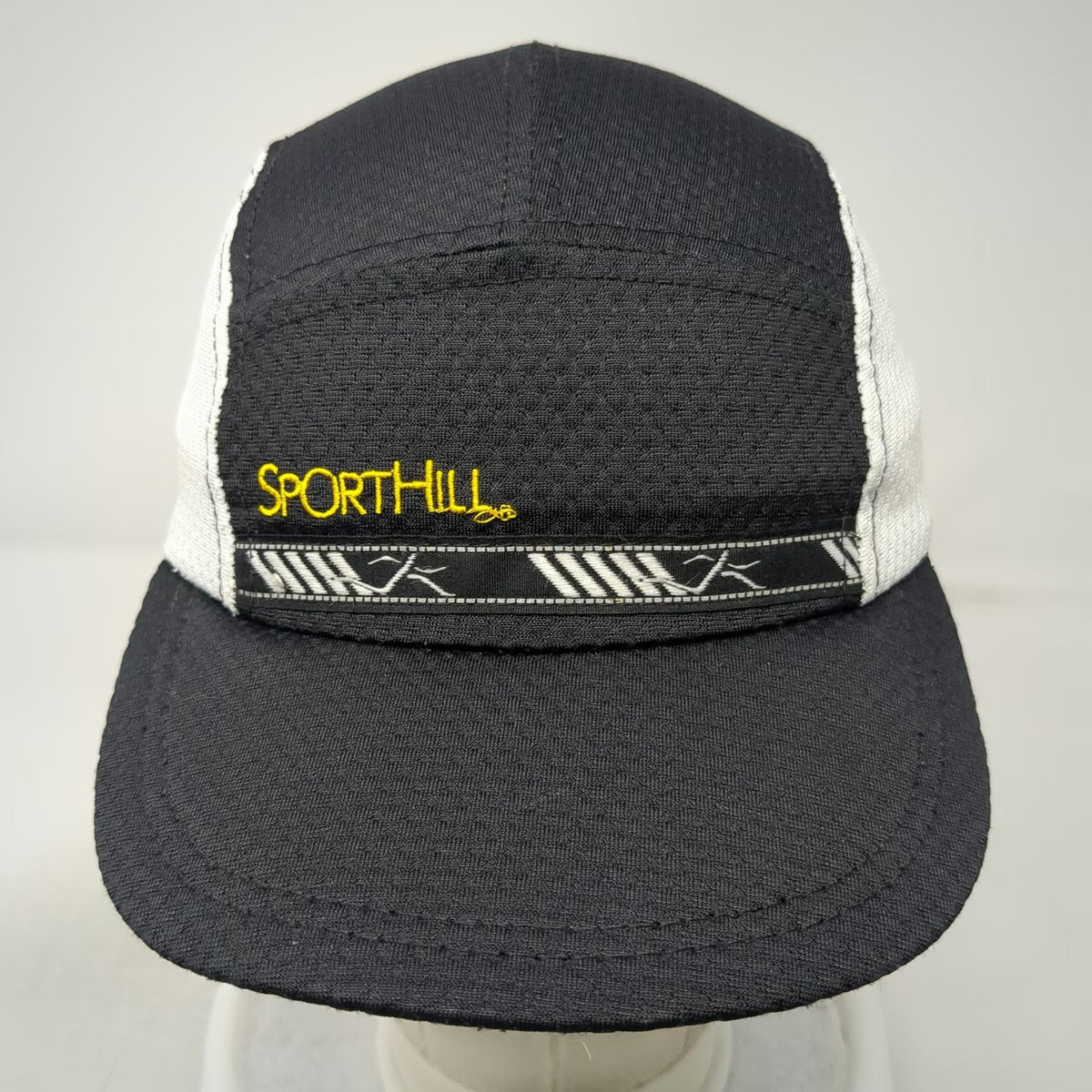 SportHill 5 Panel Black White One Size Running Mesh Side Panels Adjustable Hat
