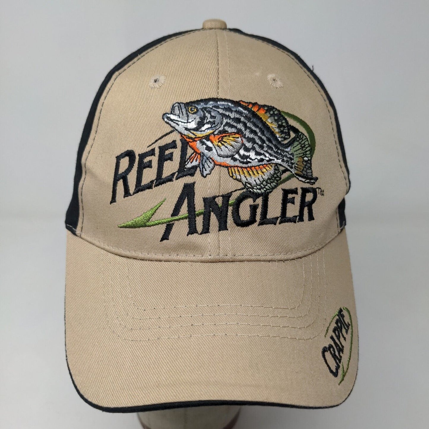 Reel Angler Men's Strapback Hat Tan Black OSFA Embroidered Big Fish Logo