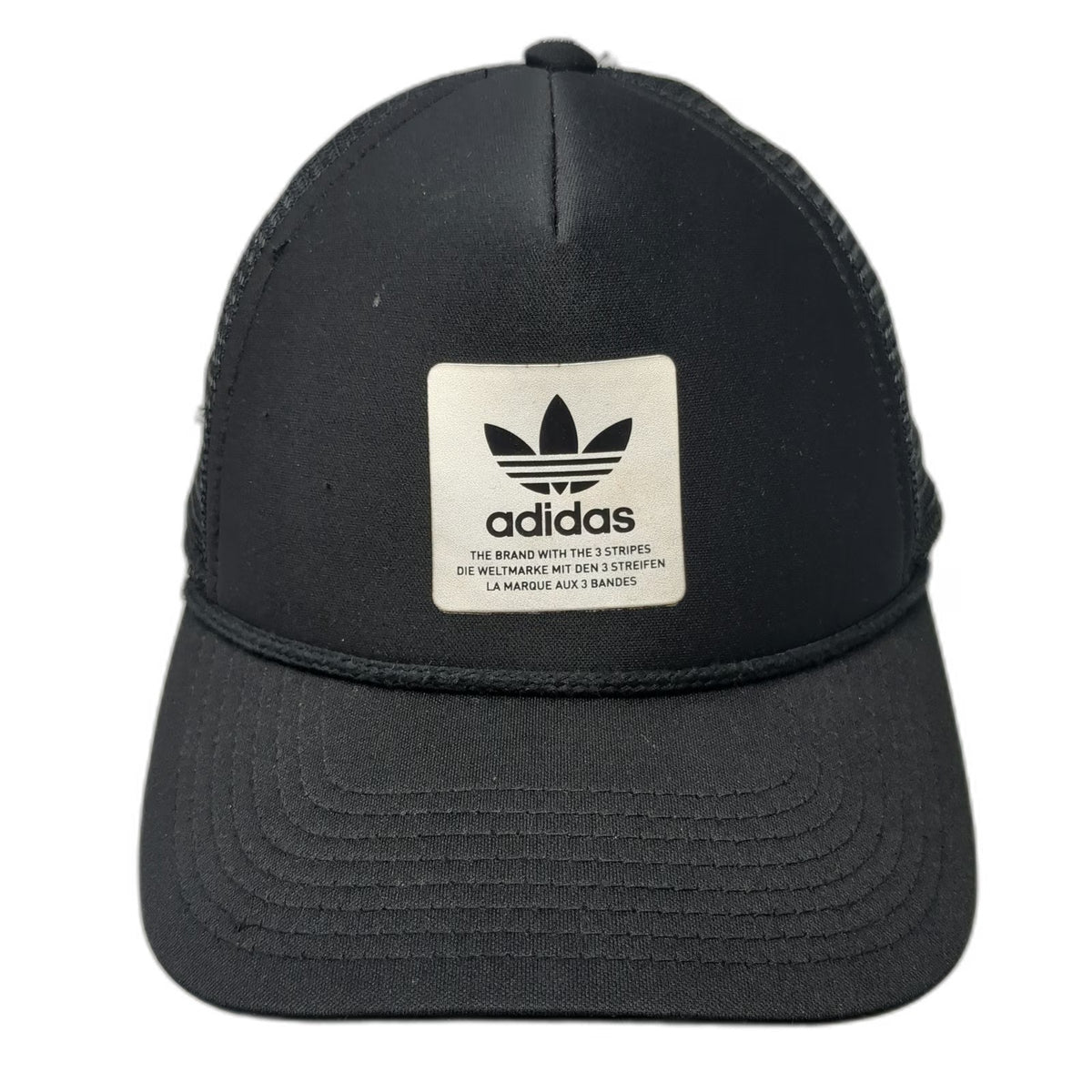 Adidas Trucker Hat Black OSFM Trefoil Logo Patch Rope Mesh Back Snapback Foam