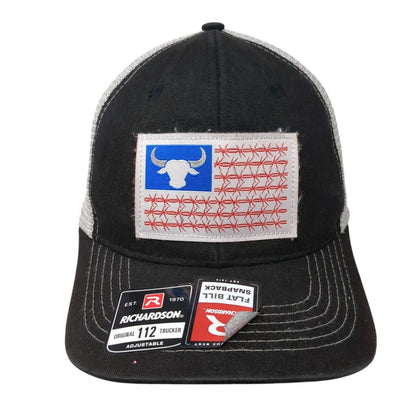 Bull American Flag Flat Bill Snapback Trucker Hat Black OSFA Adjustable 6 Panel