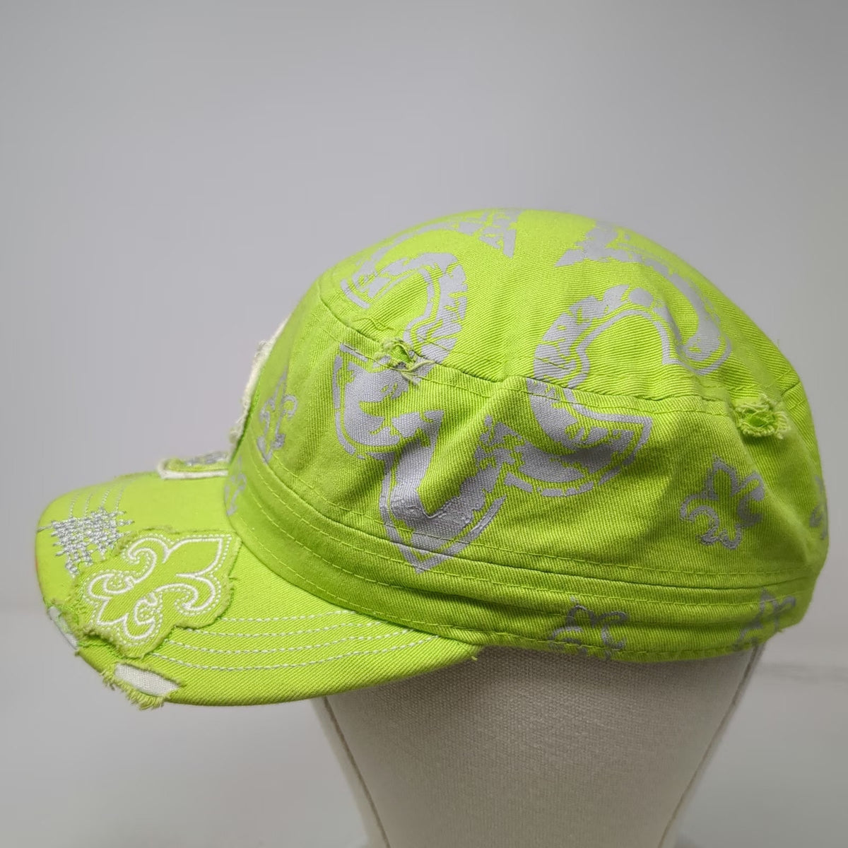 RainBow Army Cap Green One Size Fleur De Lis Rhinestone Distressed Strapback Hat