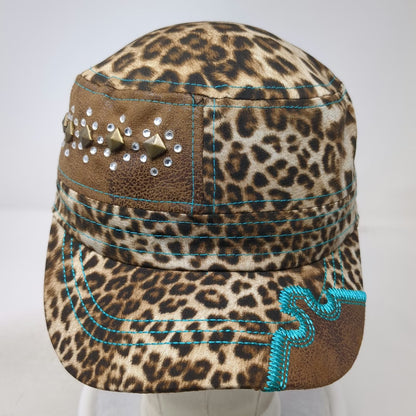 Way West Army Cap Brown One Size Leopard Print Stud Rhinestone Contrast Hat