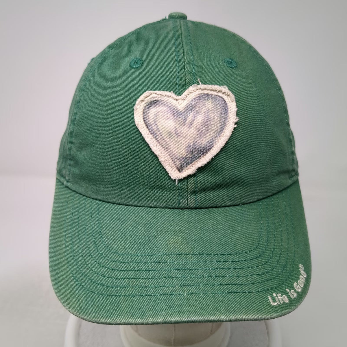 Life is Good Baseball Cap Green One Size Heart Patch Distressed Slideback Hat