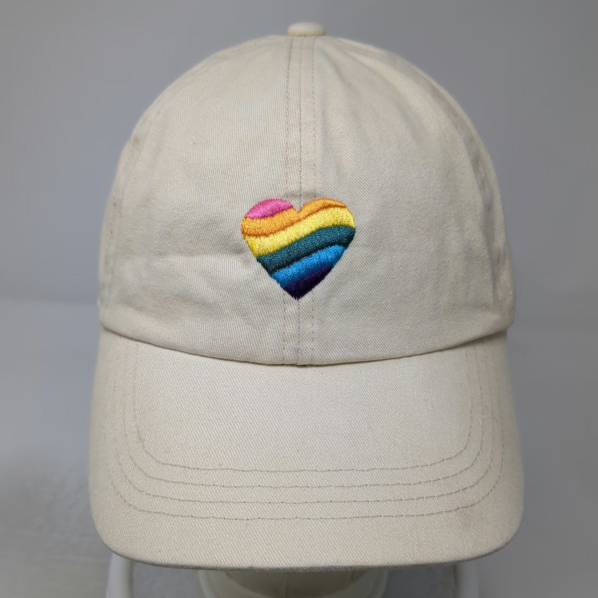 Beige Baseball Cap One Size Rainbow Heart Embroidery Slideback Hat Pink Blue