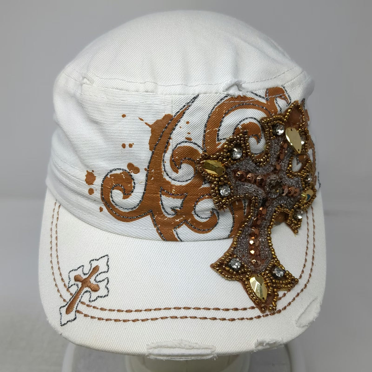 KBETHOS Army Cap White OSFM Beaded Cross Rhinestone Distressed Brown Gold Hat