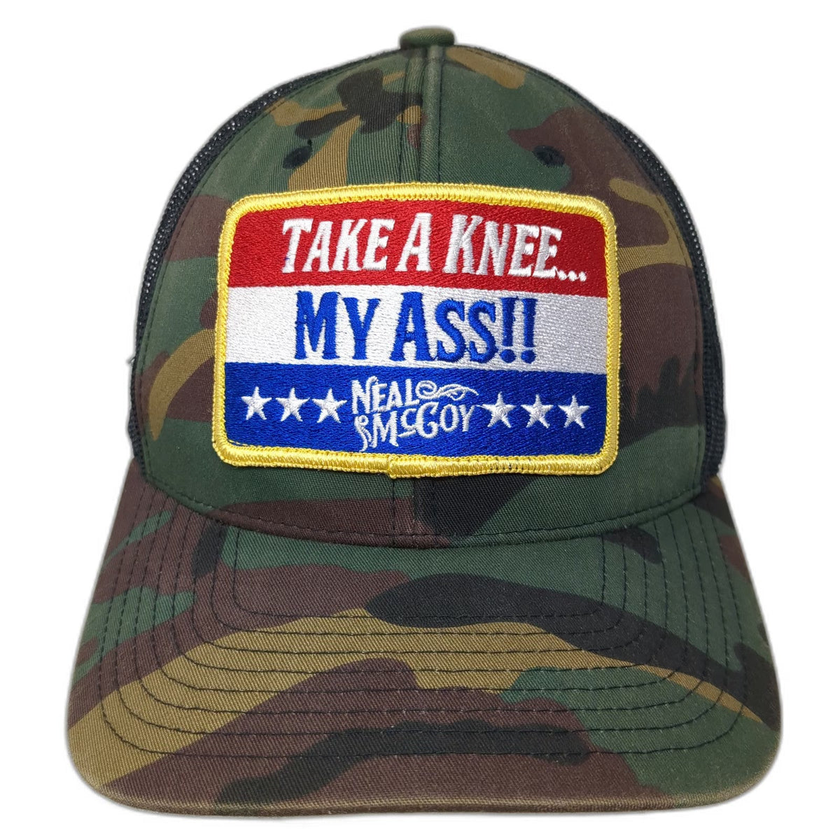 Yupoong Trucker Hat Green One Size Camo Neal McCoy Take A Knee My Ass Mesh Cap