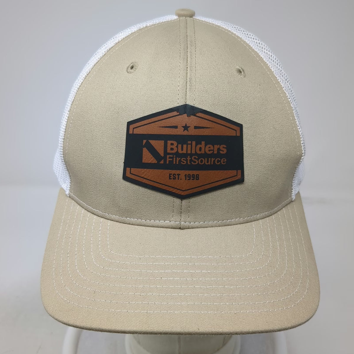 Richardson Trucker Hat Beige One Size Builders FirstSource Leather Patch Mesh