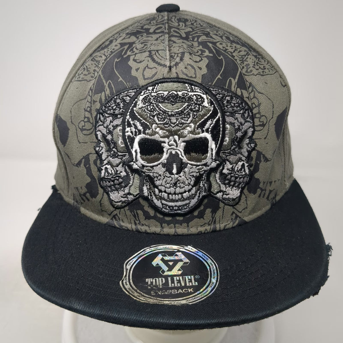 Top Level 5 Panel Green Hat One Size Skull Embroidery Distressed Snapback Biker