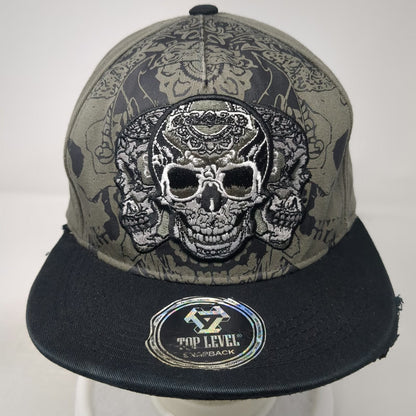 Top Level 5 Panel Green Hat One Size Skull Embroidery Distressed Snapback Biker