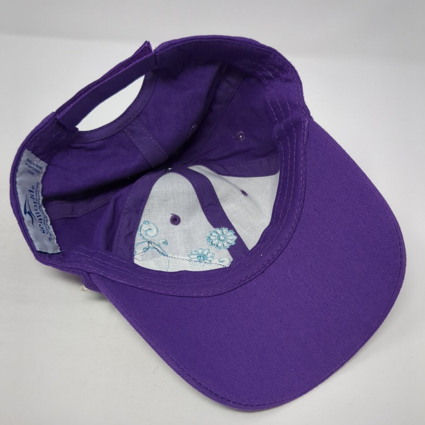 SeaWorld Strapback Hat Purple One Size Adjustable Embroidered Floral Cotton