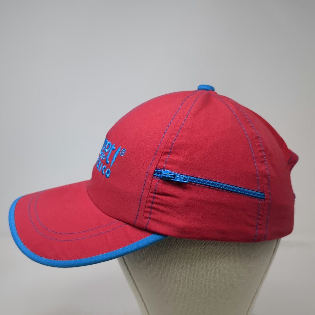Xcaret Mexico Baseball Cap Red Blue One Size Side Pocket Embroidered Travel Hat