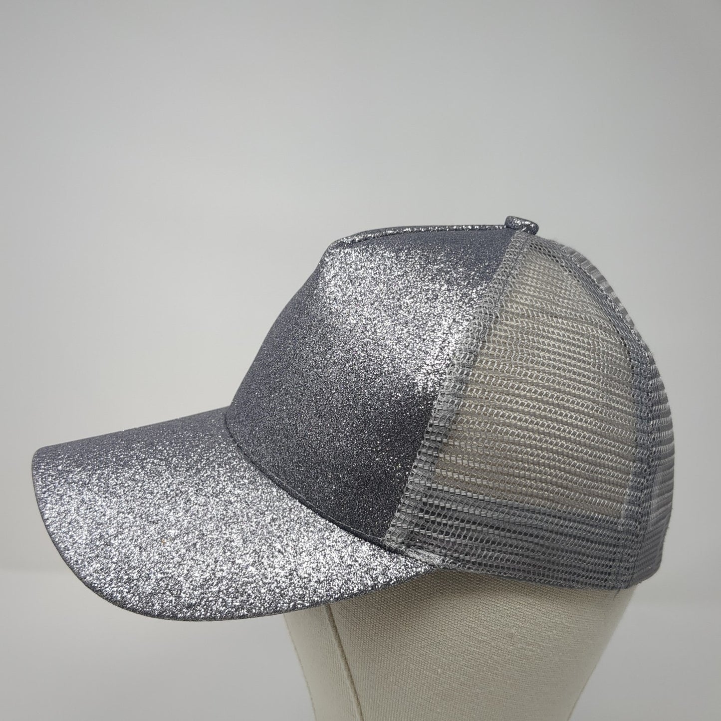 Glitter Ponytail Trucker Hat Gray OS Adjustable Lightweight Mesh Back Blank