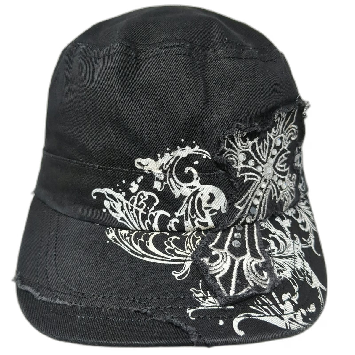 ZanCap Army Cap Black One Size Cross Rhinestone Scrollwork Frayed Studded Hat