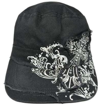 ZanCap Army Cap Black One Size Cross Rhinestone Scrollwork Frayed Studded Hat