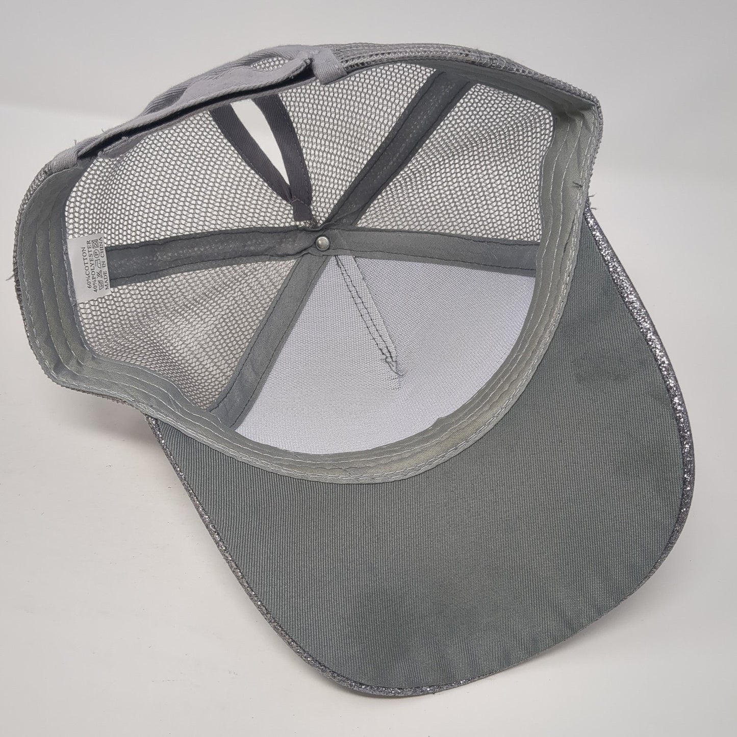 Glitter Ponytail Trucker Hat Gray OS Adjustable Lightweight Mesh Back Blank