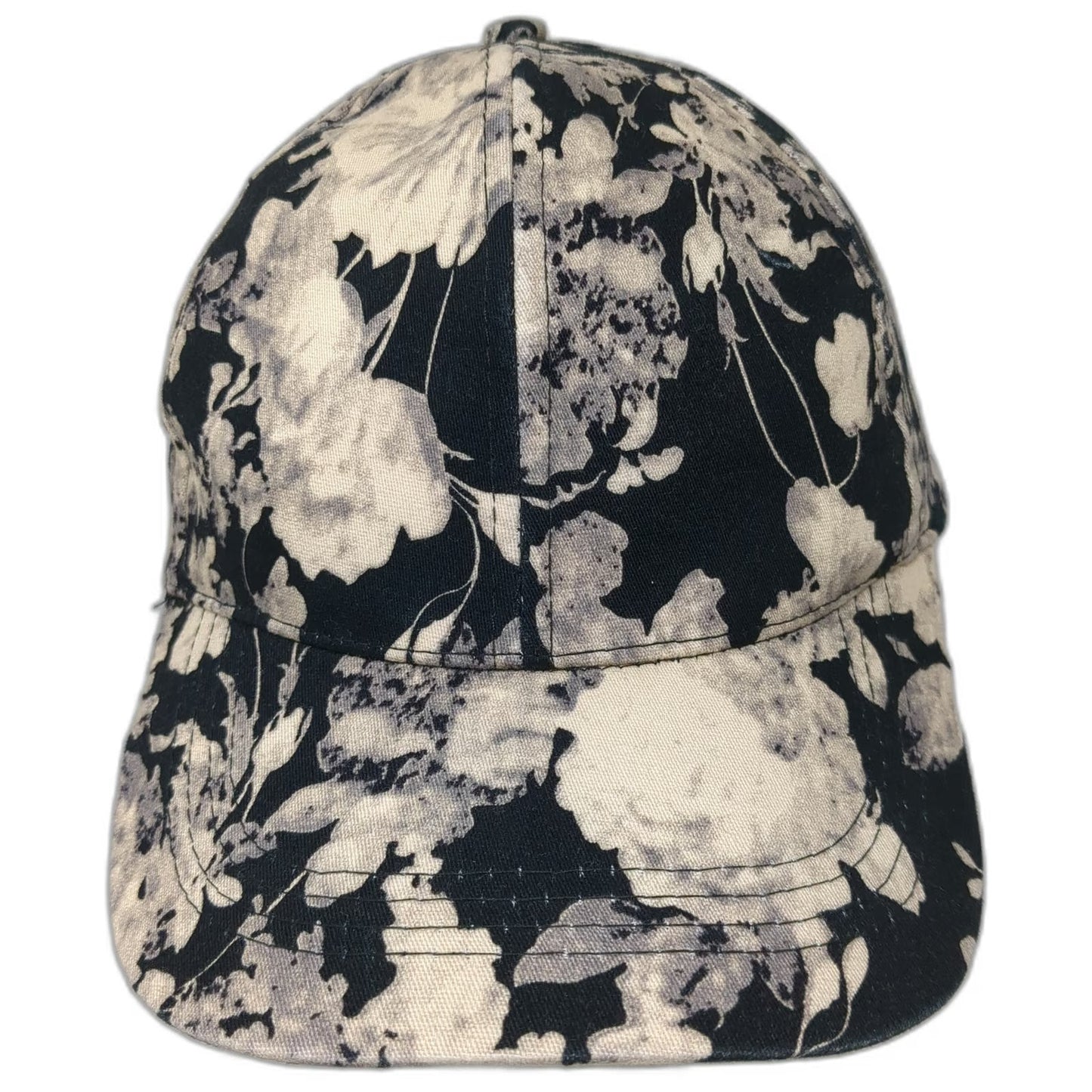 D&Y Baseball Cap Black White Floral Print One Size Adjustable Hat Cotton Strap