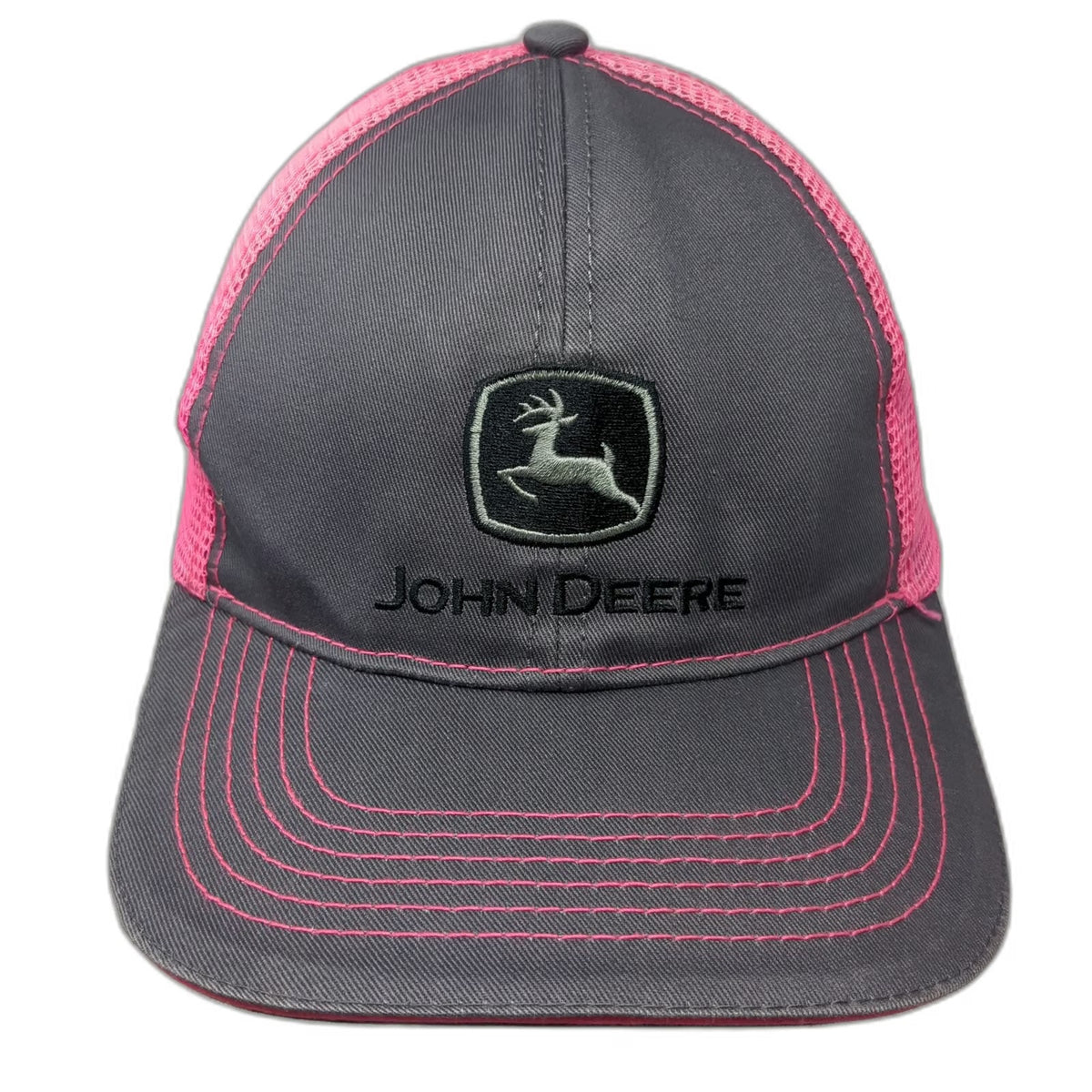 John Deere Trucker Hat Gray Pink One Size Mesh Back Snapback Graphic Embroidered