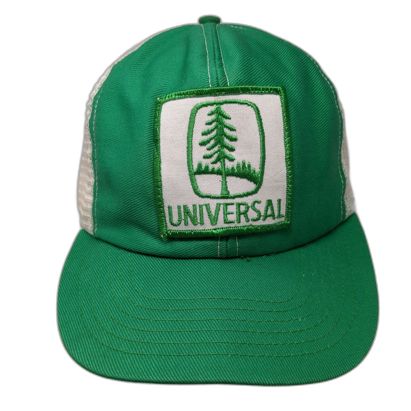 Universal Green White Trucker Hat Mesh Back Snapback Tree Logo Patch Vintage