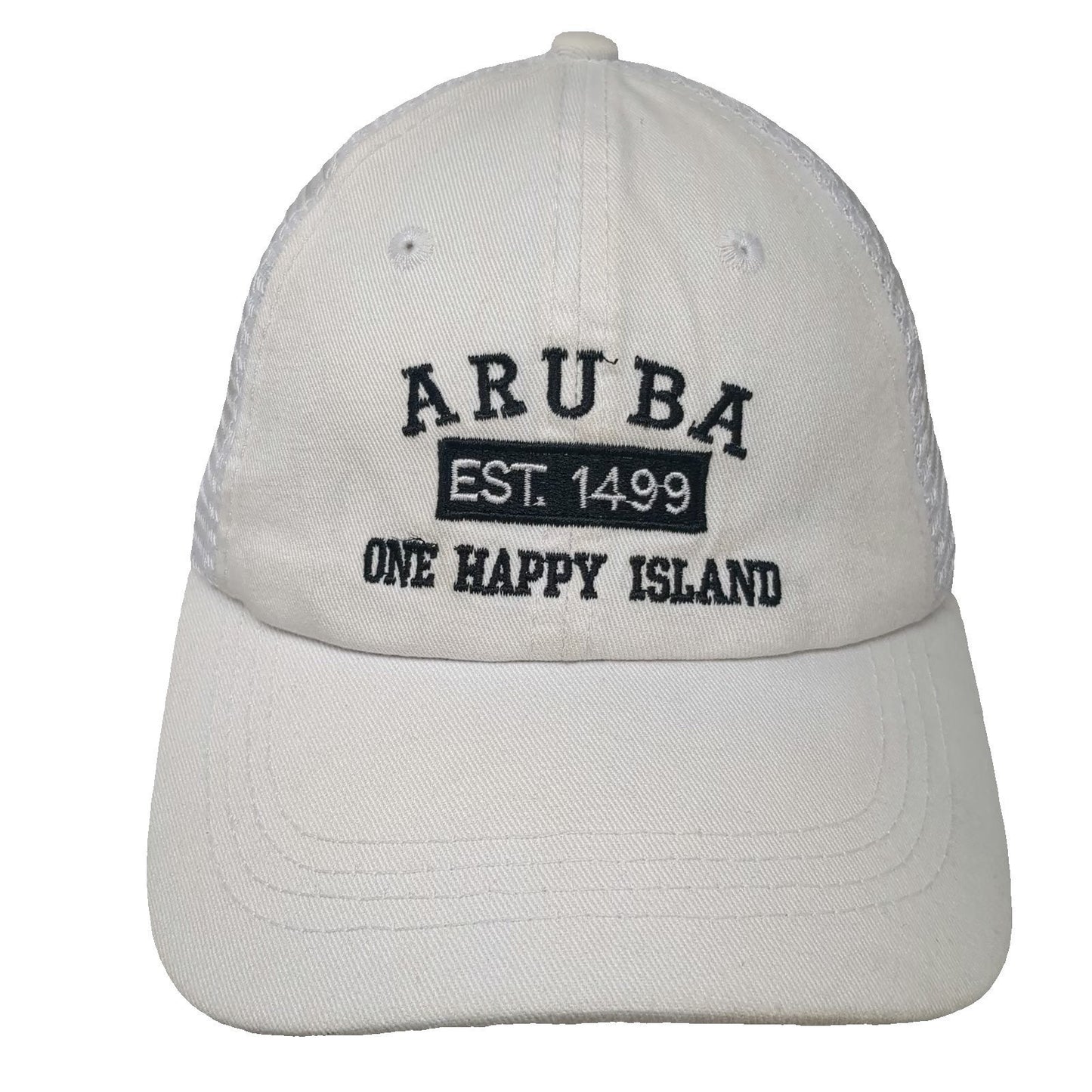 Aruba One Happy Island Est 1499 White Trucker Hat One Size Mesh Snapback Cap