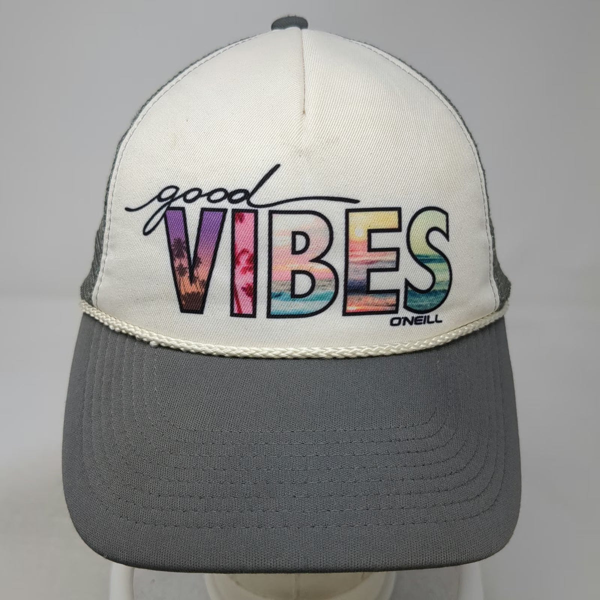 O'Neill Trucker Hat Gray One Size Good Vibes Beach Sunset Surf Mesh Snapback