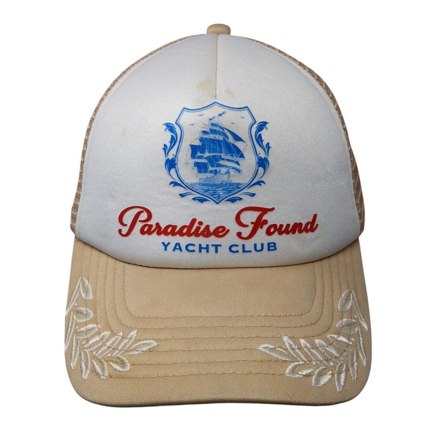 Paradise Found Yacht Club Snapback Trucker Hat Tan One Size Mesh Back