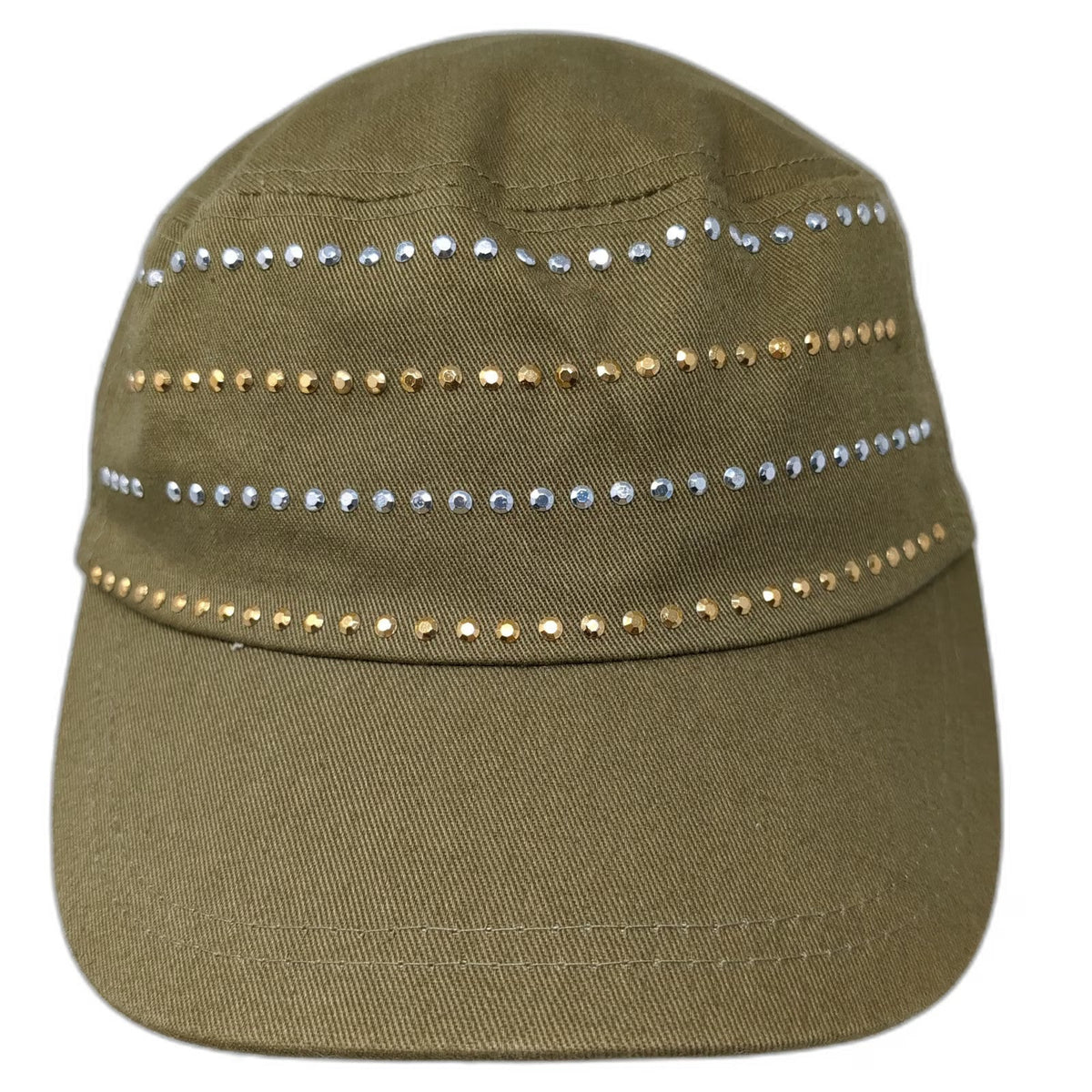 Pugs Army Cap Green One Size Studded Rhinestones Strapback Adjustable Cotton Hat