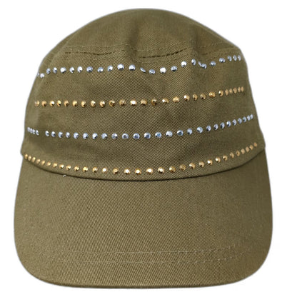 Pugs Army Cap Green One Size Studded Rhinestones Strapback Adjustable Cotton Hat