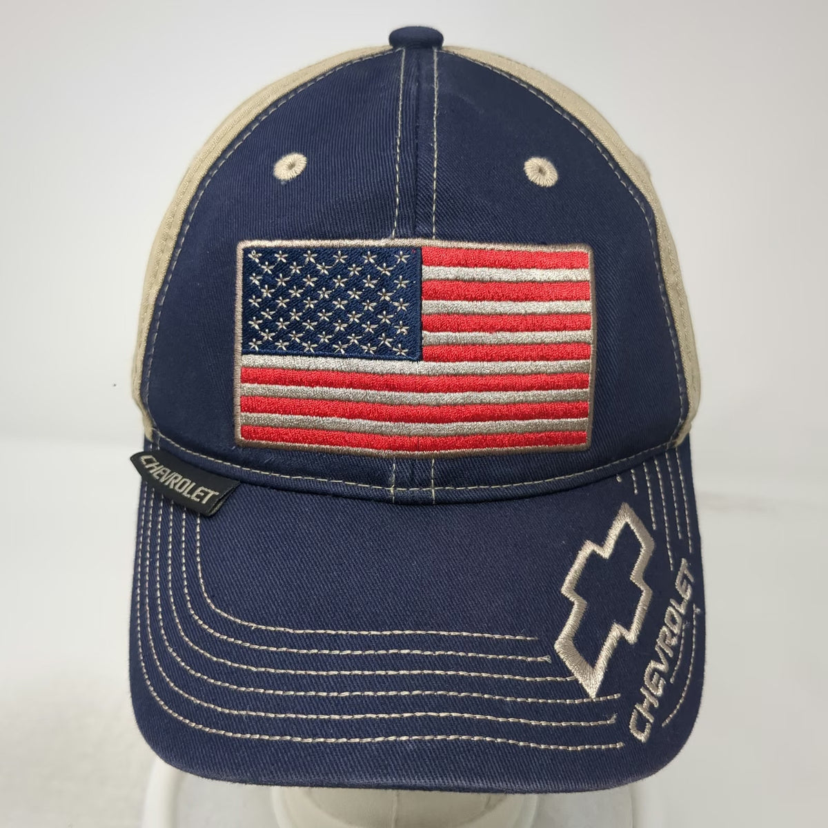 Outdoor Cap Baseball Cap Blue Beige OSFM Chevrolet US Flag Strapback Hat Logo