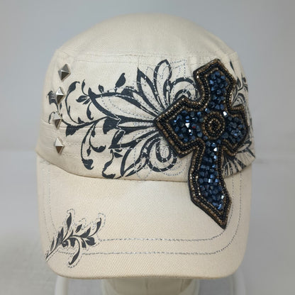 Beige Army Cap One Size Beaded Cross Floral Silver Embroidery Studs Cadet Hat