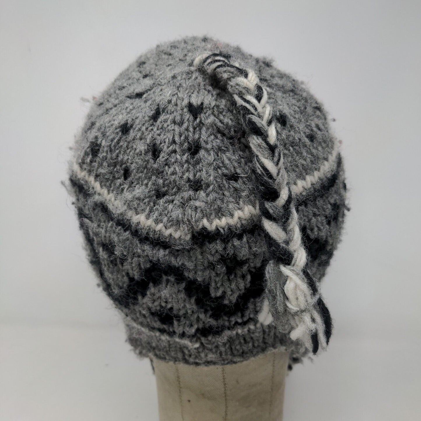 ARK Men's Knit Beanie Trapper Hat Gray Fair Isle 100% Wool Fleece Lined Nepal