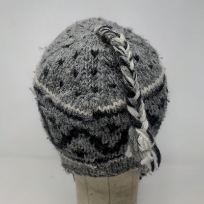 ARK Men's Knit Beanie Trapper Hat Gray Fair Isle 100% Wool Fleece Lined Nepal