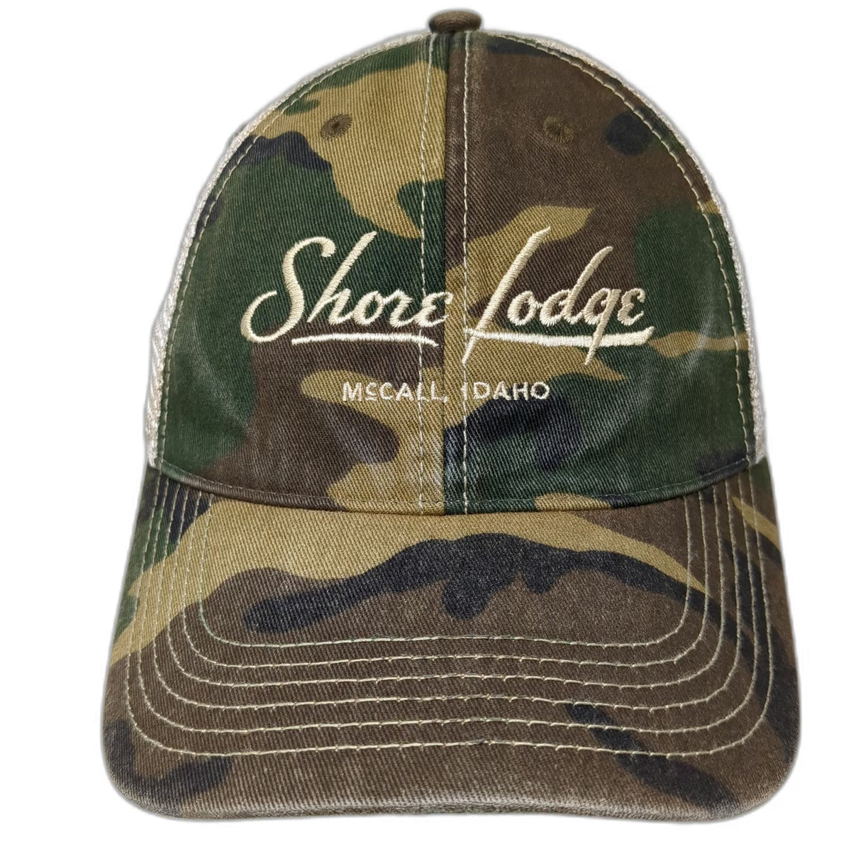 Legacy Trucker Hat Green Beige One Size Camo Shore Lodge McCall Idaho Snapback