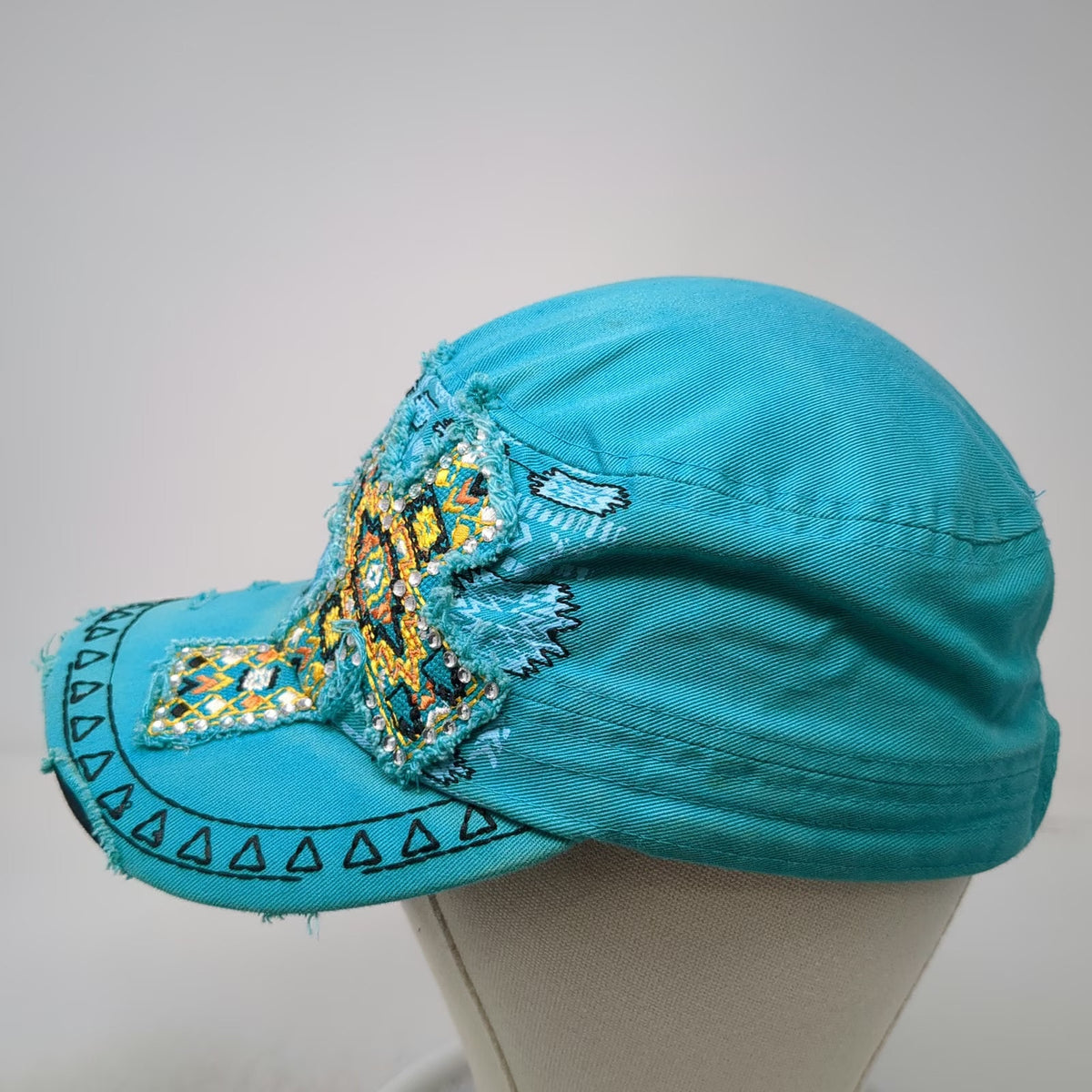 Kbethos Army Cap Blue OS Cross Patch Rhinestones Tribal Embroidery Strapback hat