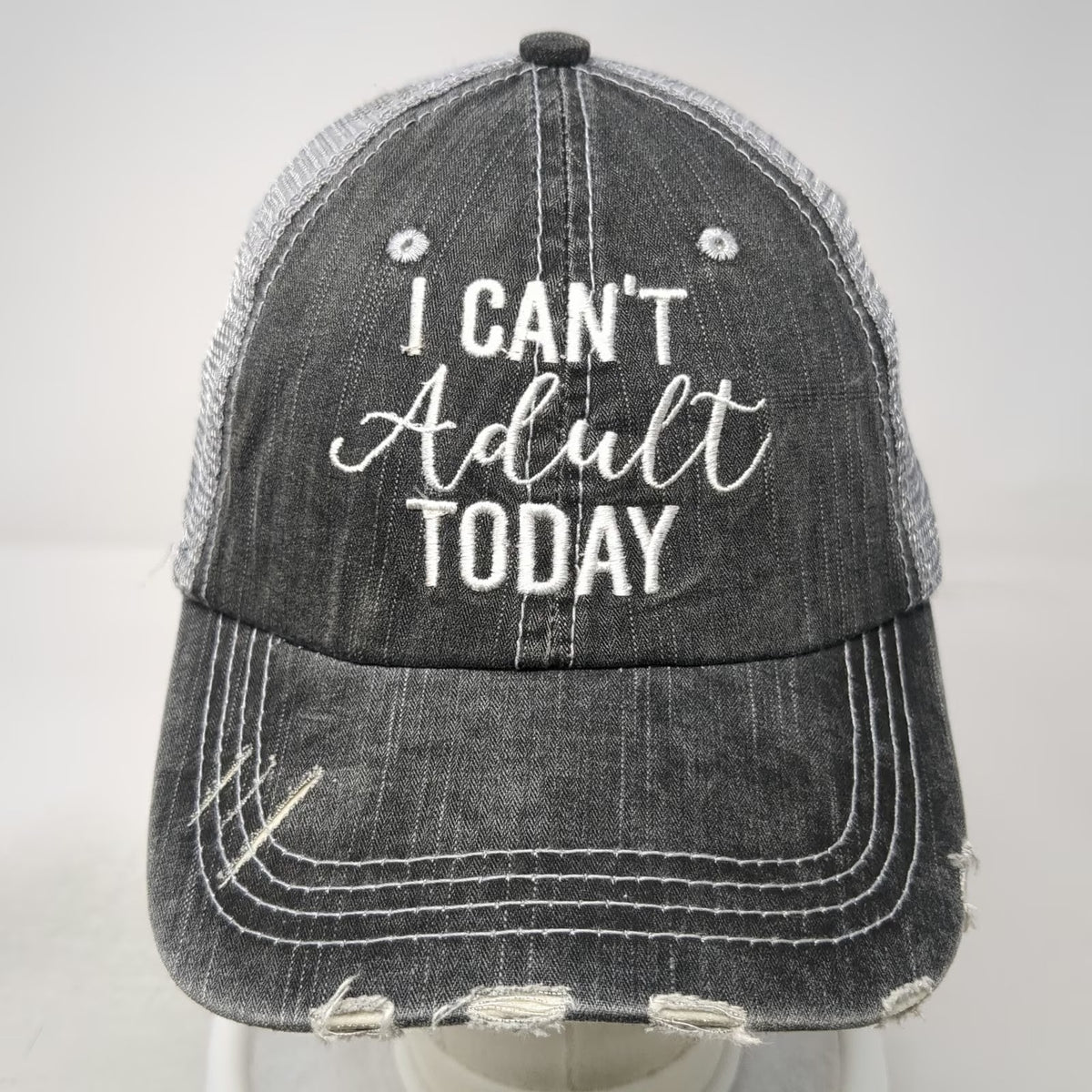 Katydid Baseball Cap Gray One Size I Can't Adult Today Distressed Mesh Hat