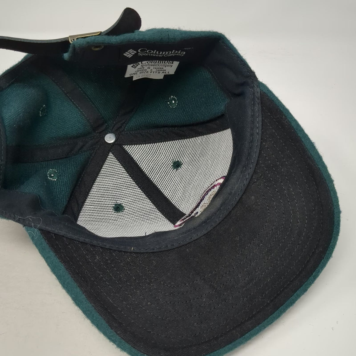 Columbia Baseball Cap Green One Size Wool Blend Leather Strapback Hat Logo