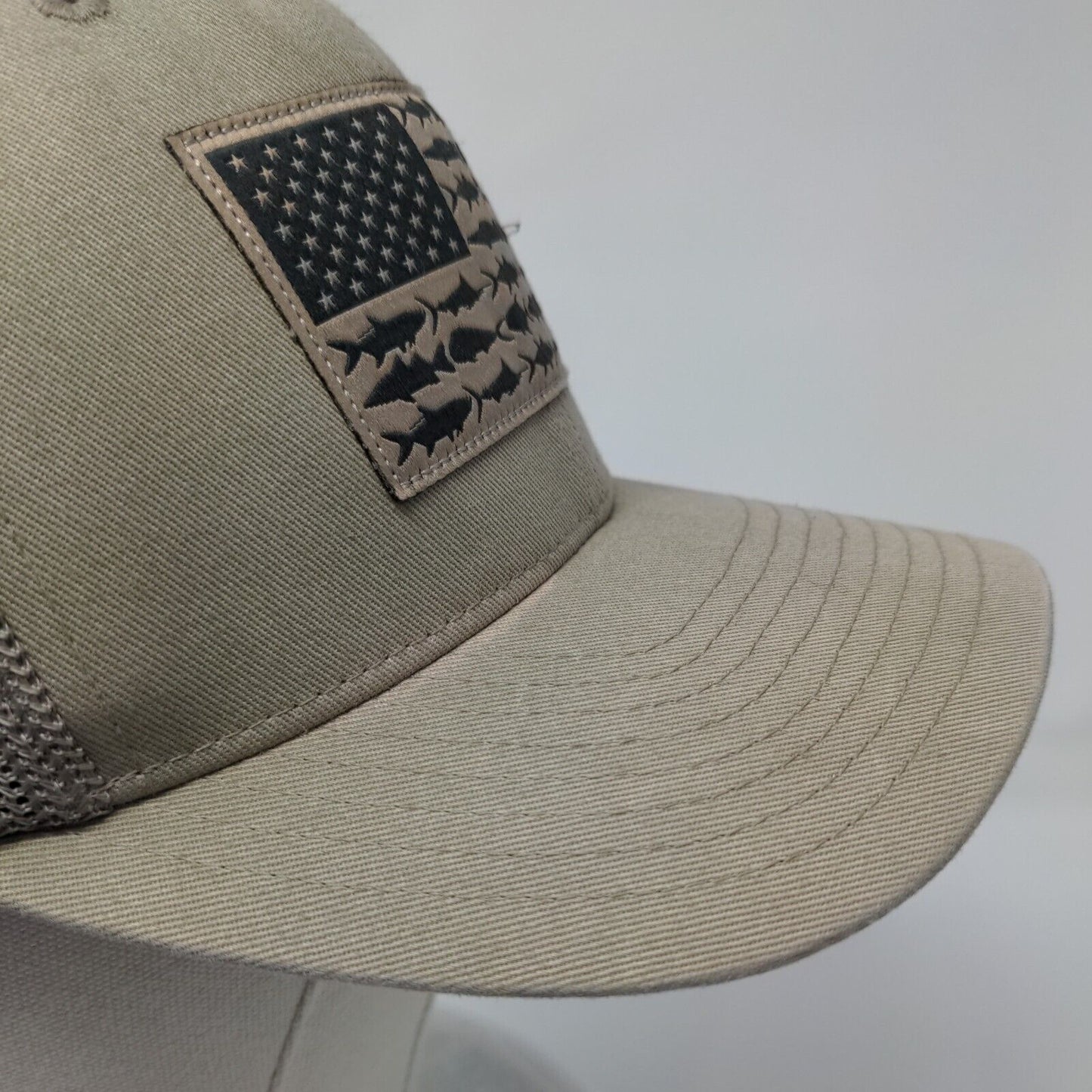 Columbia PFG Fish Flag Patch Fitted Trucker Hat Tan OSFA Flexfit