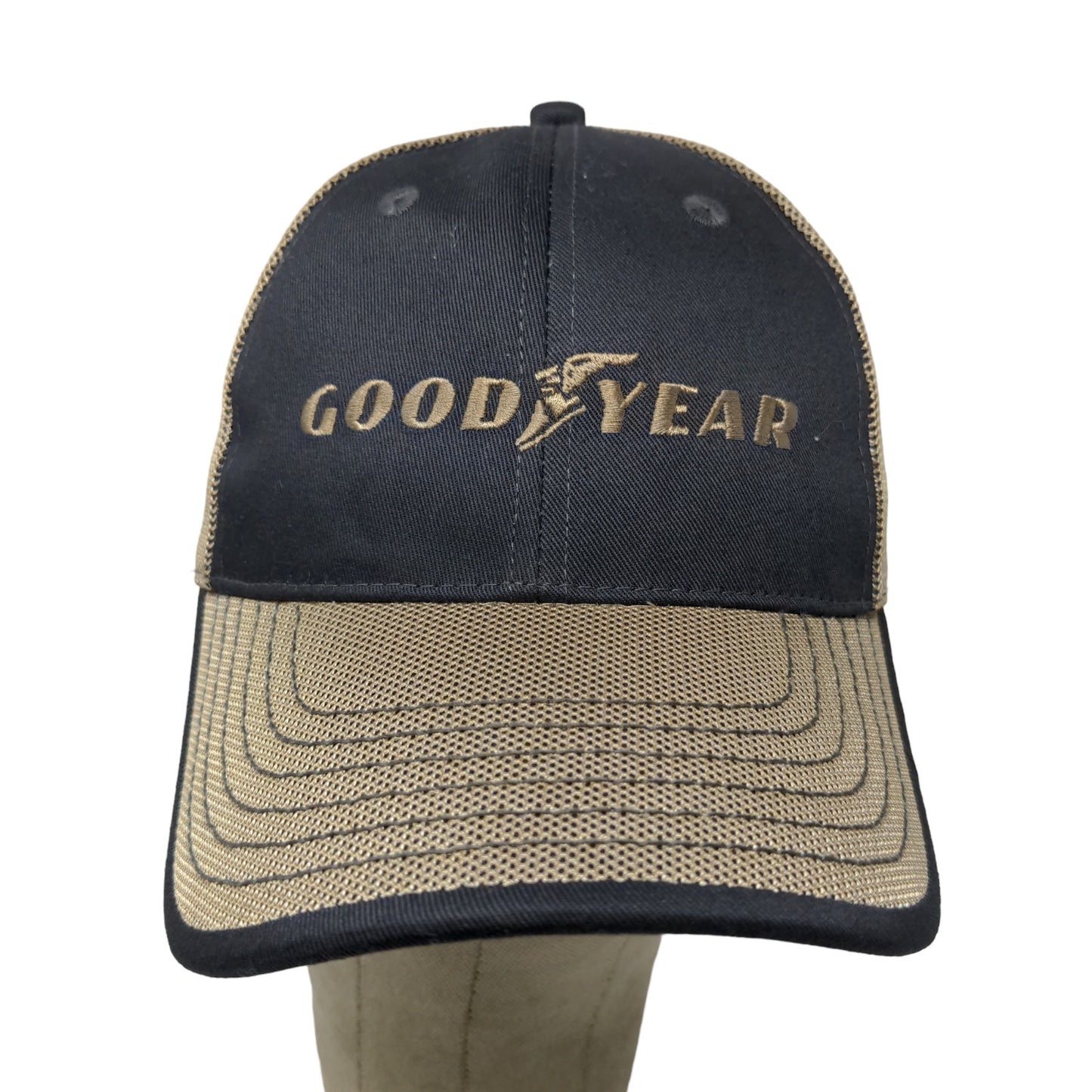 Goodyear Men's Strapback Mesh Back Hat Tan Blue Adjustable Embroidered Logo