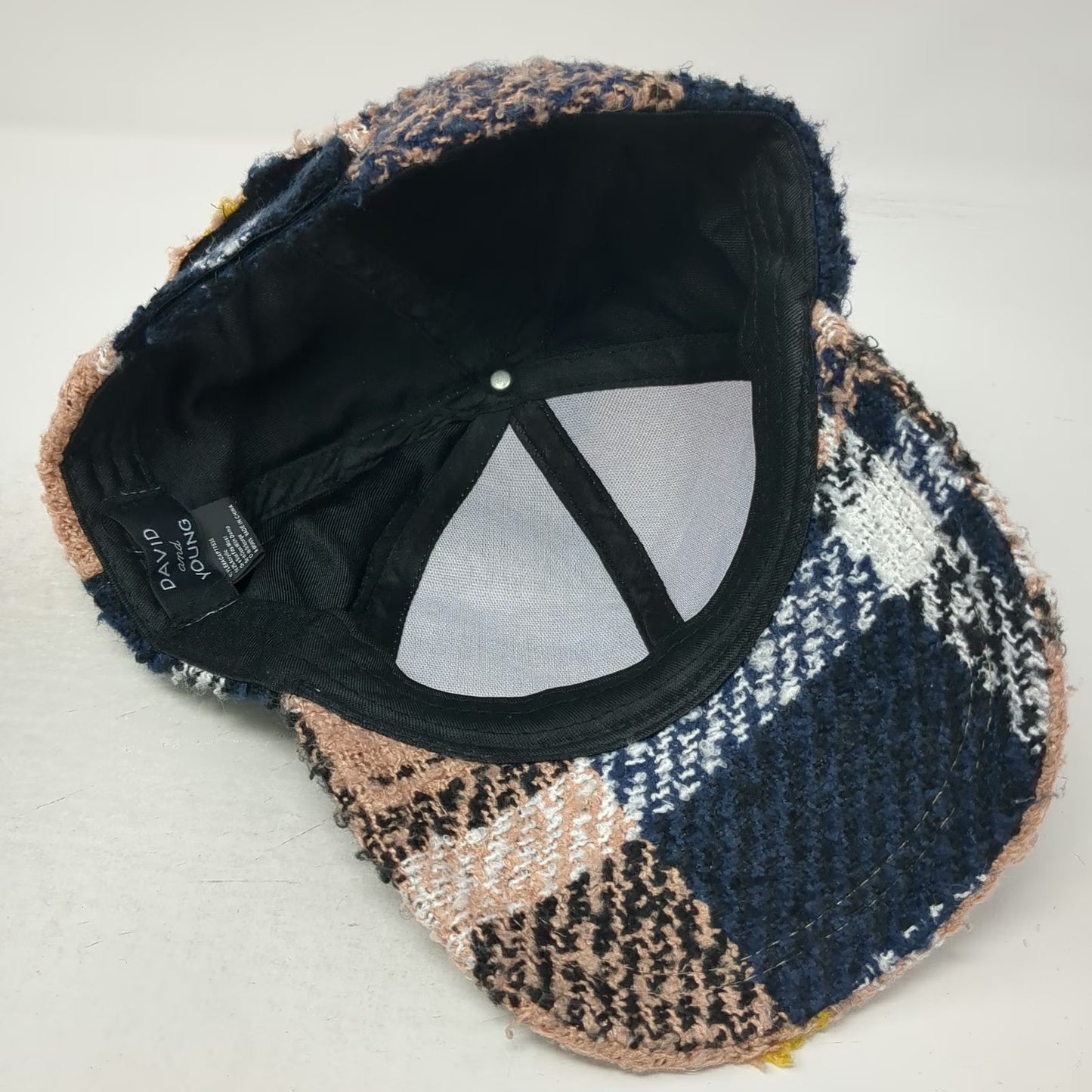 David and Young Baseball Cap Beige Blue White Yellow One Size Bouclé Plaid Hat