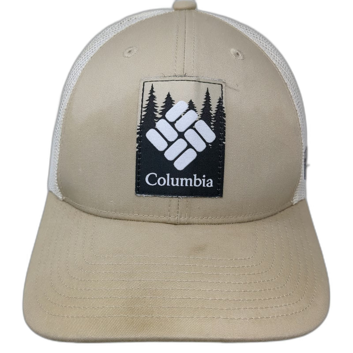 Columbia Trucker Hat Beige One Size Snapback Mesh Forest Patch Logo Structured
