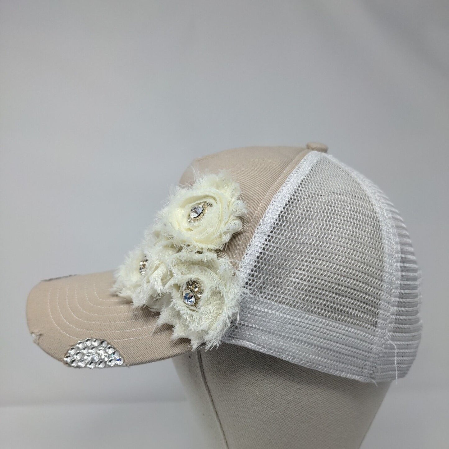 Time Two Change Snapback Trucker Hat Tan OSFA Mesh Back Flower Rhinestone